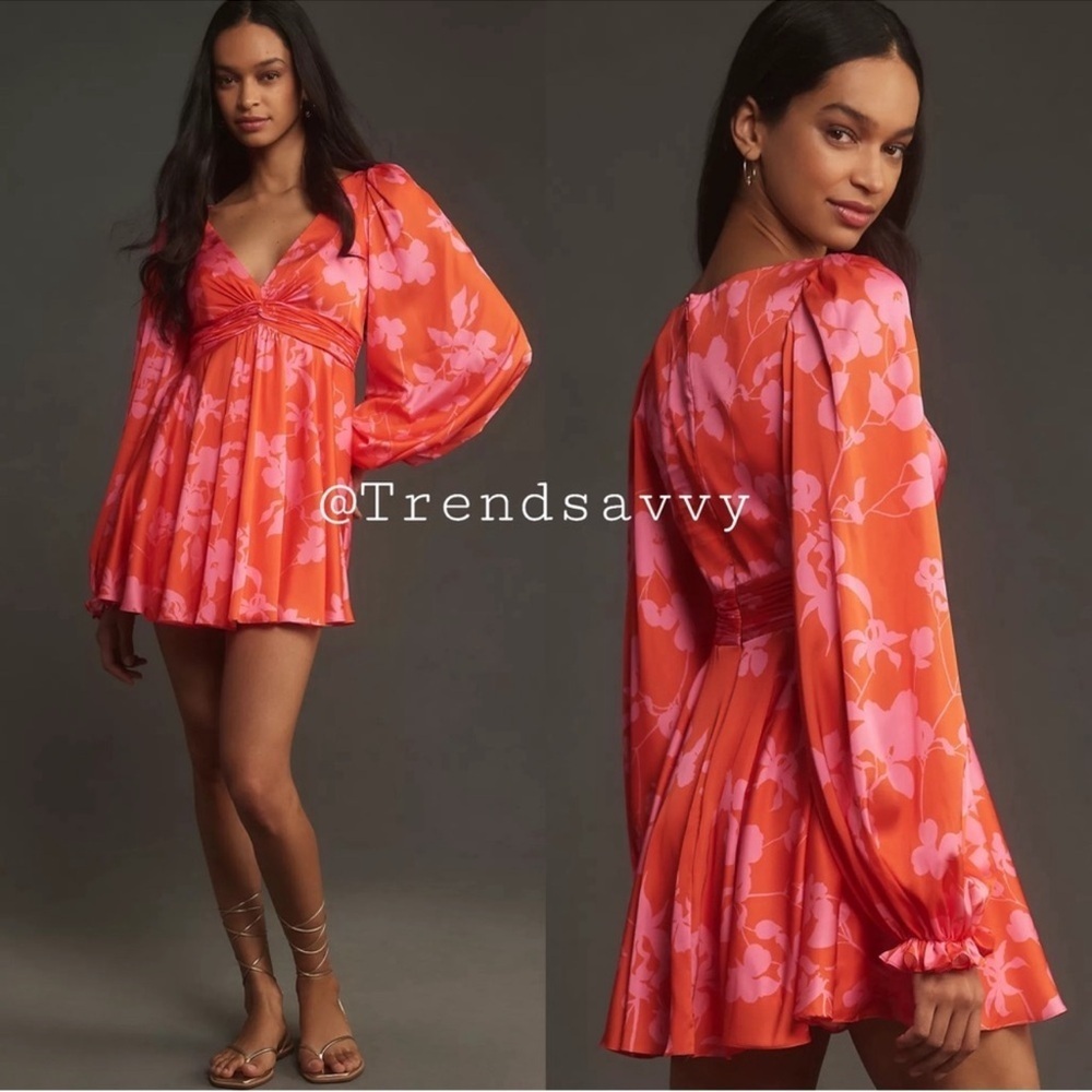 Mac Duggal Orange Pink Floral Mini Dress Long Sleeve V Neck Size 8 Wedding Guest